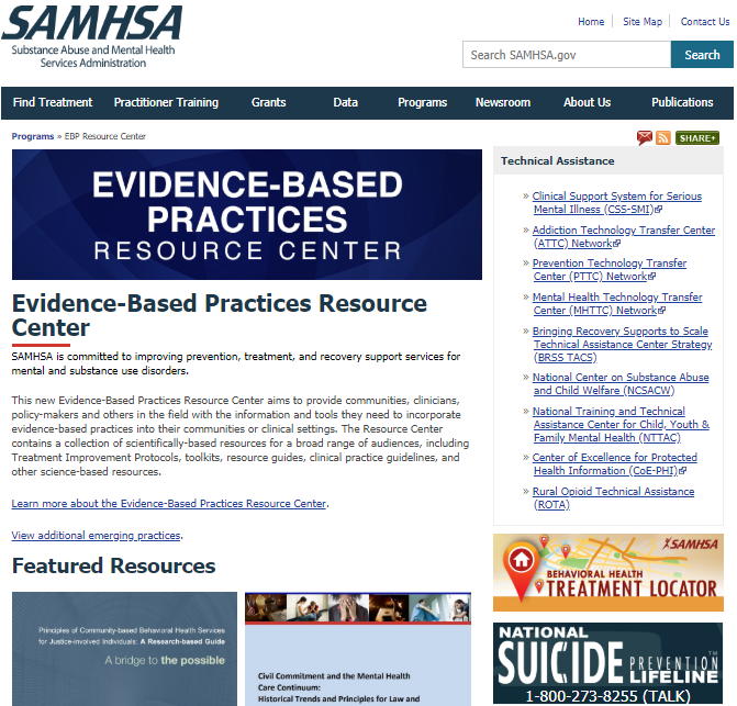 Screenshot of evidence based practices resource center webpage